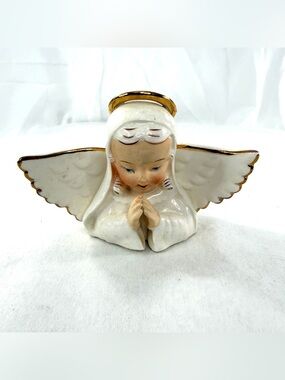 Antique 1950s Ardalt Angel Figurine Praying Halo Gold Accents Japan Sticker  1